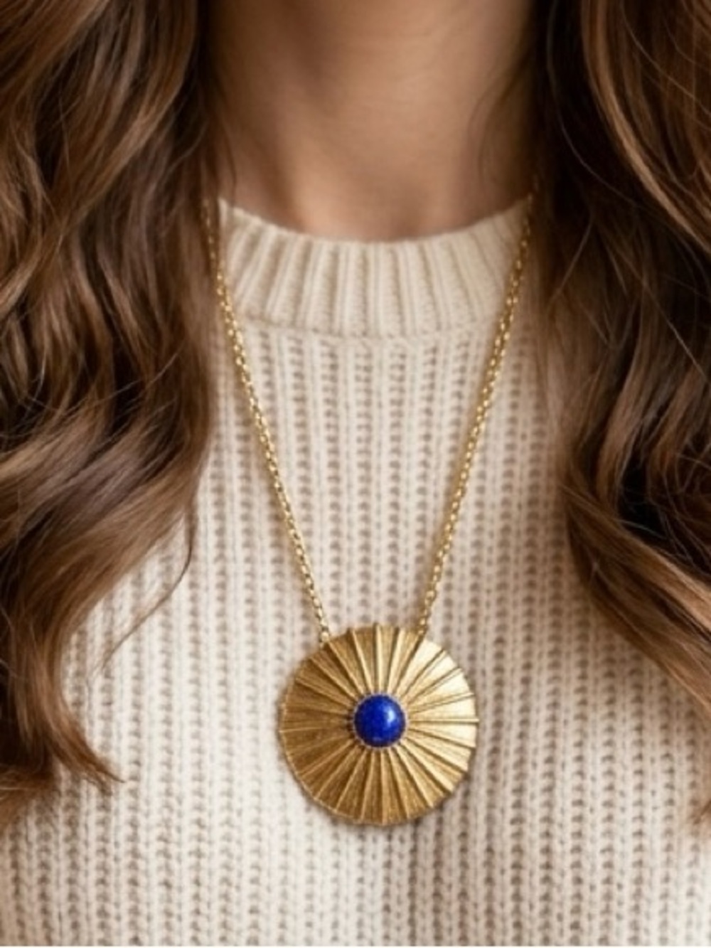 Estee Lauder Gold Sunburst Pendant locket perfume Necklace Blue Center stone Big